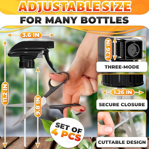 Image of 4 Pack Spray Nozzle for Bottles - Replace Broken Sprayers in Seconds with Spray Bottle Nozzle Replacement - Fits 8 Oz & 16 Oz Bottles, Trim-to-Fit Tube, Trigger Sprayer with Mist, Stream & Off Modes