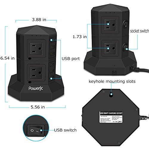 Tower Power Strip Surge Protector 8 AC Outlets with 6 USB Ports Chargers Black-Powerjc