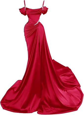 Mermaid Slit Prom Dresses Beaded Long Satin Evening Gown
