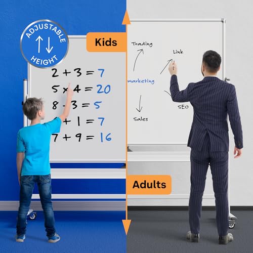 Image of Rolling Dry Erase Board 96 x 46 - Large Portable Magnetic Whiteboard with Stand - Double Sided Easel Style Whiteboard with Wheels - Mobile Standing White Board for Office, Classroom & Home