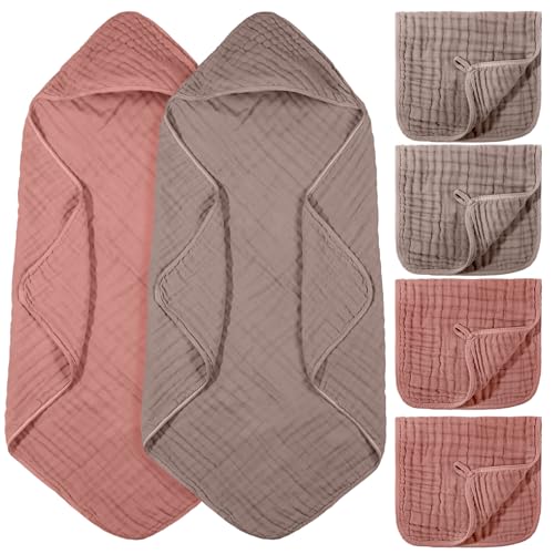 Image of VitalCozy 6 Pcs Baby Muslin Hooded Bath Towels and Washcloths, Muslin Hooded Baby Towels Absorbent Blankets for Gift Newborn Infant Shower (Brown,Burnt Orange)