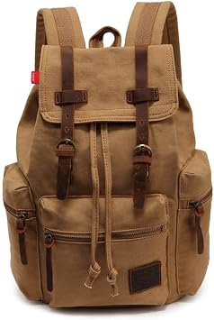 Canvas Backpack Unisex Vintage Casual Rucksack 17 inch Laptop Daypacks Schoolbag College Student Bookbag Hiking Camping Travel Bag Khaki