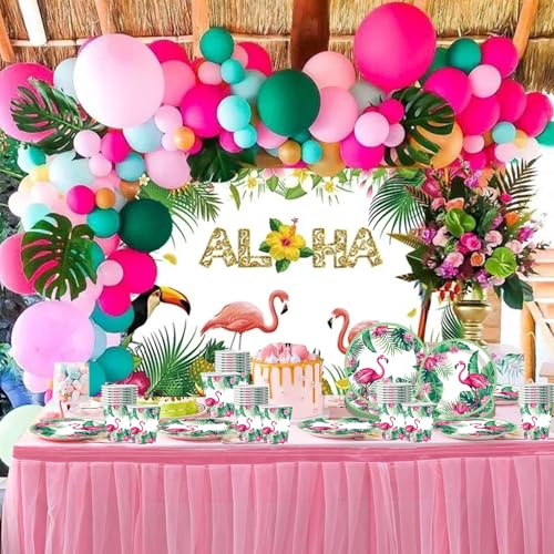 Sunshine smile Partygeschirr Flamingo,50 Stück Partygeschirr Hawaii,Geburtstagsdeko Flamingo,Deko Geburtstag Hawaii,Pappbecher Servietten Strohhalme Pappteller