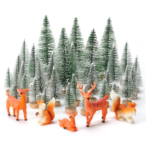 KINDPMA 35 Pezzi Mini Albero di Natale Artificiale e Renna Scoiattolo Alberi di Sisal Artificiali Alberi Bottiglia Spazzola Albero di Natale Piccolo per Festa di Natale Fai da te Decorare Tavolo