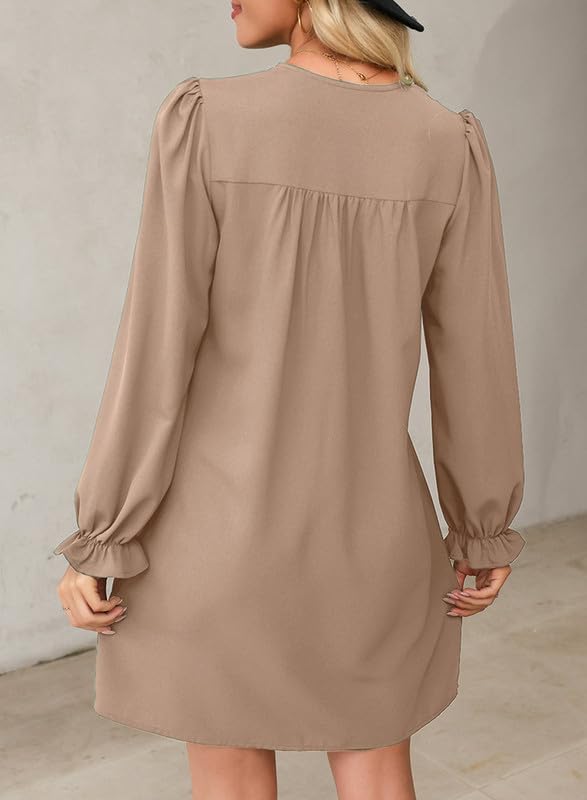 Image of Dokotoo Womens Casual Dress A-Line Ruffle Sleeve V Neck Midi Dress 2025 Fashion Pleated Flowy Sundress Loose Shirt Dresses