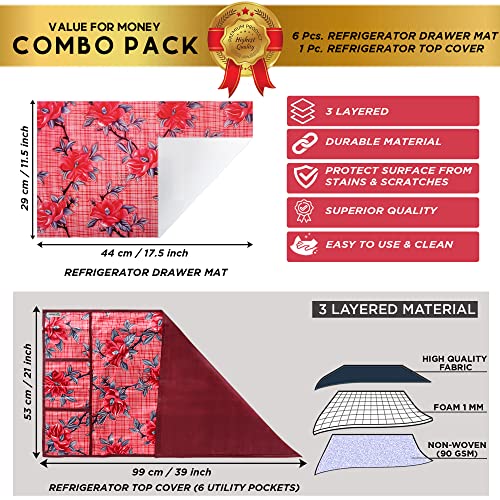 Image of Polyester 3-Layered Fridge Top Cover /Refrigerator Cover with Utility Pockets and Set of 6 Pc Fridge Mats (Color-Check Floral Red, Size-39x21 Inch)