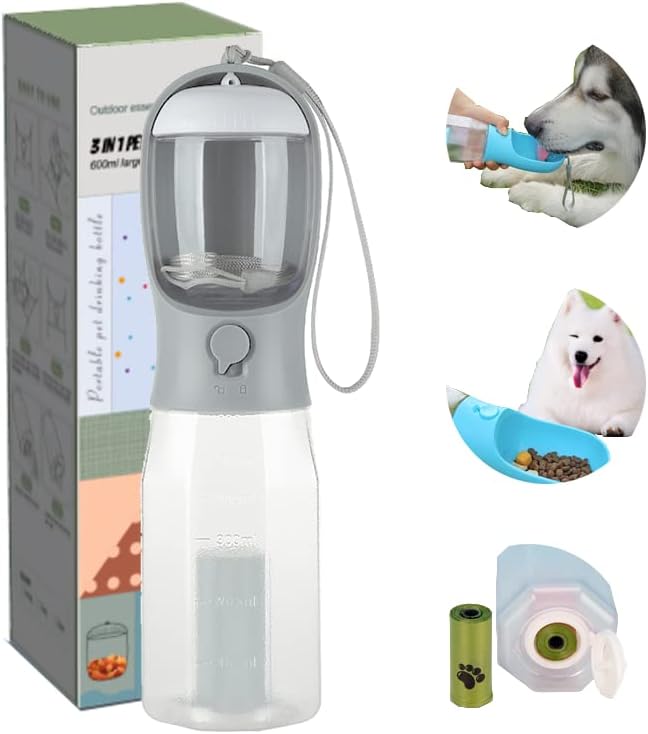 Botella de agua para perros, contenedor portátil de almacenamiento de alimentos de viaje y ranura para bolsa de excrementos y cuencos de agua