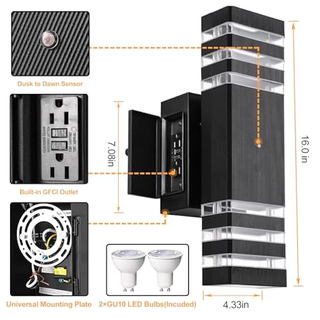 Dusk to Dawn Outdoor Light with Outlet 2 Pack, Porch Lights with GFCI Outlet, IP65 Waterproof Anti-Rust Exterior Light Fixture for House Porch Front Door