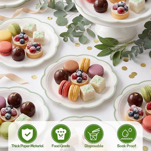 Image of NatNarr 30 Pcs Sage Green and White Paper Plates, 9 Inch White Plates with Sage Green Trim Scalloped Paper Plate Disposable for Baby Shower, Wedding, Bridal Shower, Birthday