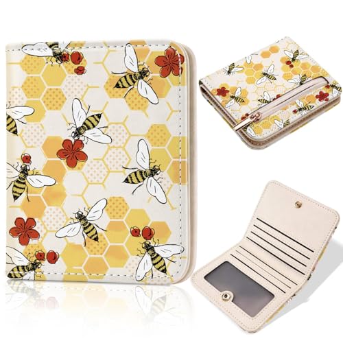 Image of Toughergun Bee Happy Funny RFID Small Wallet Women, Slim Thin Vegan Leather Bifold Wallet with Zipper Coin Pocket & ID Window, Cute Mini Travel Credit Card Holder Gift for Women Ladies Teen Girls