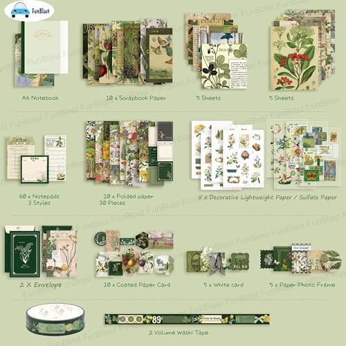 Image of FunBlast Aesthetic Scrapbooking Kit - 213 Pcs Vintage Junk Journal Supplies with Scrapbook Paper, Washi Stickers, A6 Grid Notebook, DIY Craft Journaling Gift for Teen, Girl, Adult (Green)