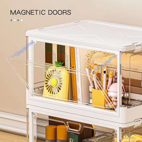 Image of SNSLXH Clear Storage Bins with Lids, Stackable Storage Bins with Magnetic Doors Open Front, Plastic Storage Bins for Living Room, Bedroom, Study Room and Office, 3 Packs, 24QT