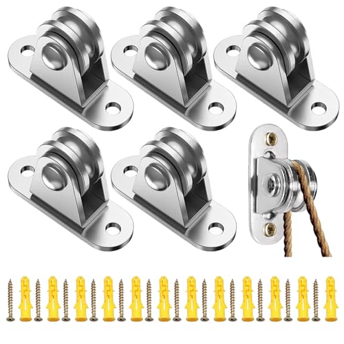 Lot de 6 Poulies en Métal 6mm - 90kg charge max‌, poulie avec roulement duplex, Petit Bloc de Poulie -12 vis inox & manchons - Pour Pare Soleil, Corde à Linge,...