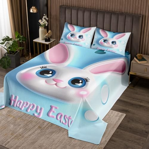 Happy Easter Bedspread Twin Size,Cute Blue Rabbit Bedding Sets for Kids Girls Boys Adult Room Decor,3D Print Bunny Pet Comforter Set Sweet Heart Spring Holiday Quilt Set,1 Pillowcase