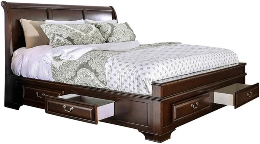 BOWERY HILL Transitional Wood Queen Storage Platform Bed, Brown Cherry Finish, 91.75" L x 64.75" W x 54" H, 6 Drawers, Arched Panel Headboard, Solid Wood Frame, Durable MDF Slats, Bedroom Furniture