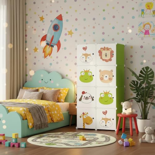 Image of KRISHYAM Kids Modular Storage Cabinet with Cartoon Animal Doors, 8 Cube Plastic Wardrobe Organizer, DIY Closet System with Hanging Rod, Toy & Clothes Storage (Green, 8 Box)