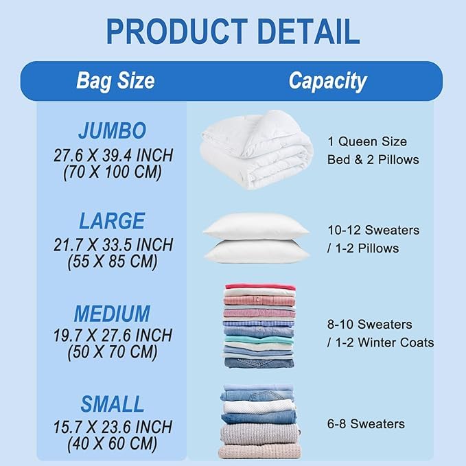 Image of Leafly Vacuum Storage Bags with Hand Pump, Plastic Packaging Bags, 80% Space Saver Vacuum Seal Bags for Clothing, Travel Lugggage, Blankets, Comforters (20 Combo)
