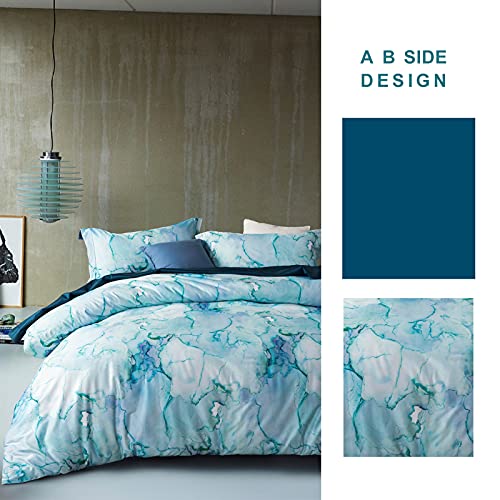 MILDLY 100% Long-Staple Cotton Duvet Cover Set Aqua Watercolor Marble Pattern Printed Comforter Cover 3pcs, Ultra Soft & Breathable Bedding Set