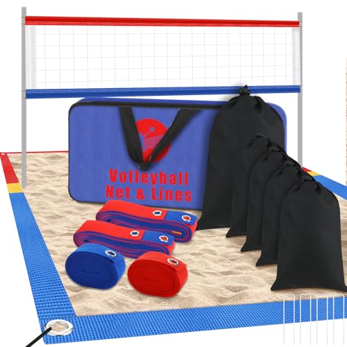 VioraWhite 13 líneas de voleibol de playa con red para arena, 26.3 x 52.6 pies, estándar oficial, portátil, línea de límite de 2 pulgadas con bolsa de red de anclaje inoxidable, resistencia a la