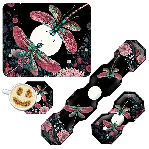 Mouse Pad Keyboard Wrist Rest Wrist Support Combo+Coaster [4-in-1] Dragonfly Moon Theme, Easy Typing Pain Relief, Memory Foam Gel Elbow Cushion Mouse pad Set for Computer Laptop Office Home