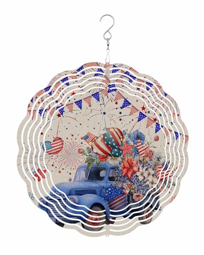Image of Sublimation Wind Spinners 10in, Independence Day Blue Truck US Flag Balloon Flower Pattern Wind Statues, Stainless Steel Wind Sculpture for Patio, Lawn, Garden Yard Balcony Outdoor Art Decor