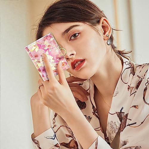 Image of Rouidr Womens Wallet, Small Slim RFID Card Wallets for Women, Cute Front Pocket Trifold Leather Card Organizer with 7 Slots & ID Window, Gold Pink Marble