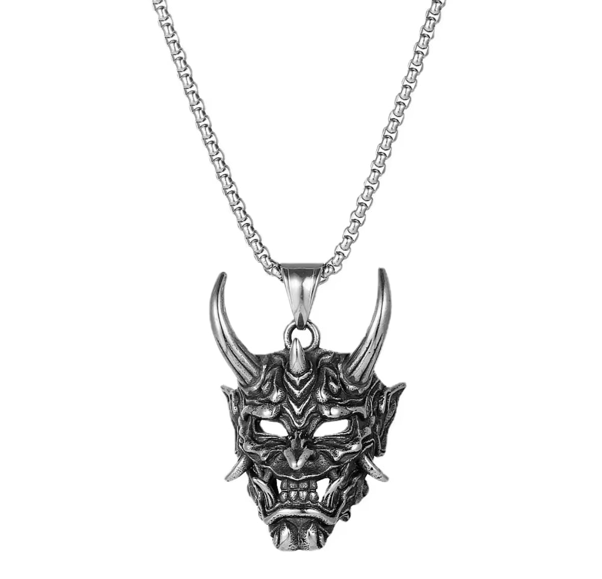 Oni Demon Mask Pendant Necklace for Men | Japanese Samurai Devil Mask Jewelry | Gothic Punk Stainless Steel Chain | Streetwear & Cosplay Accessory-image-36