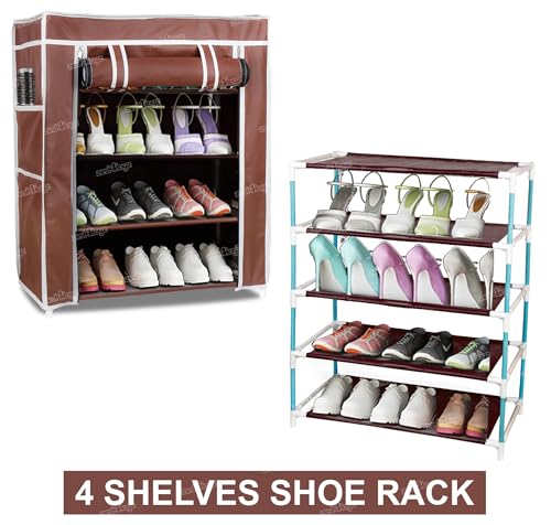 Image of Zest 4 Toyz 4 Shelf Shoe Rack for Home with Zip Door Cover & Side Pockets Shoe Stand Multipurpose Storage Rack for Footwear Toys Clothes with Dustproof Cover (Brown)