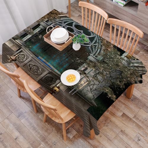 DALEXHM Mantel Mesa Rectangular 137x183 cm,Entorno de Patio gótico, un Hermoso manantial de Piedra con un Azul Brilla,Durabilidad y Fácil Limpieza para tu Mesa - Mantel Hule Antimanchas e Impermeable