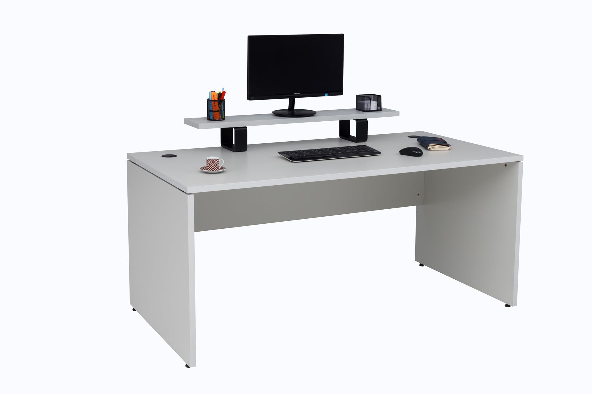 furni24 Schreibtisch fürs Arbeitszimmer und Home Office - Großer laminierter Computertisch aus Holz, 2 Kabeldurchlässe und mit verstellbarem Metall kabelkanal-Nuvi (Grau, Kabelkanal 180x80x75 cm)