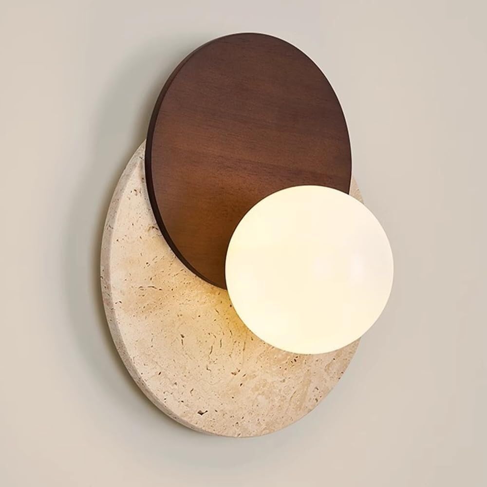 SMCCYYSD Stone Geometry Round Wall Lamp G9 Base Sconce Indoor Farmhouse Lantern Yellow Travertine Night Light for Bedroom Living Room Study Dining Hallway Stairs Hall Restaurant