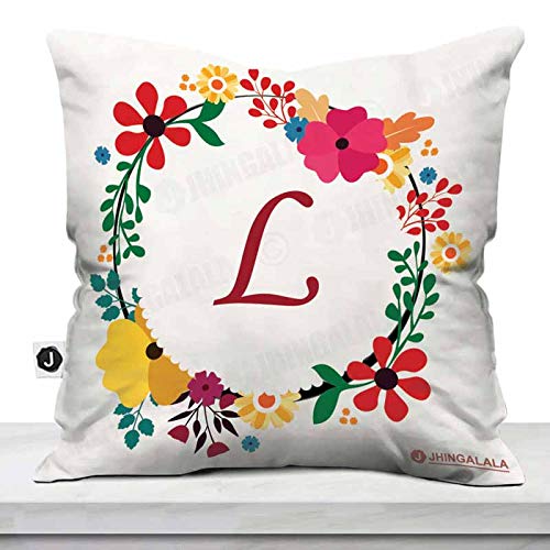 Jhingalala Name First Letter L or Alphabet L Printed Cushion with Filler and Greeting Card | Gift for Friends, Gift for Friendship Day, Friendship Gifts for Best Friend, Friendship Day Gifts
