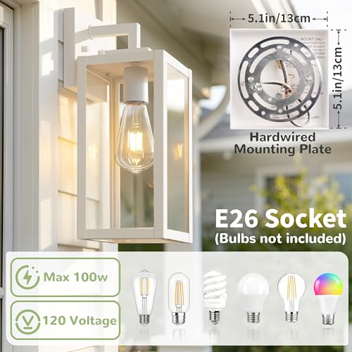Image of Outdoor Wall Sconce 2 Pack, White Large Exterior Waterproof Wall Light Fixtures, Anti-Rust Porch Lights Outdoor with E26 Socket & Tempered Glass, Modern Outside Lights for House Front Door Patio, 15''