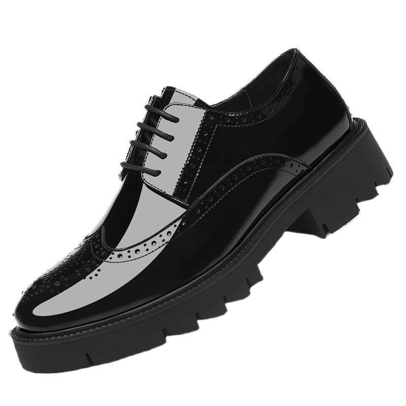 Mens Patent Leather Oxfords Fashion Black Brogue Shoes Chunky Lug Sole Dress Footwear British Wingtip Business Casual Platform