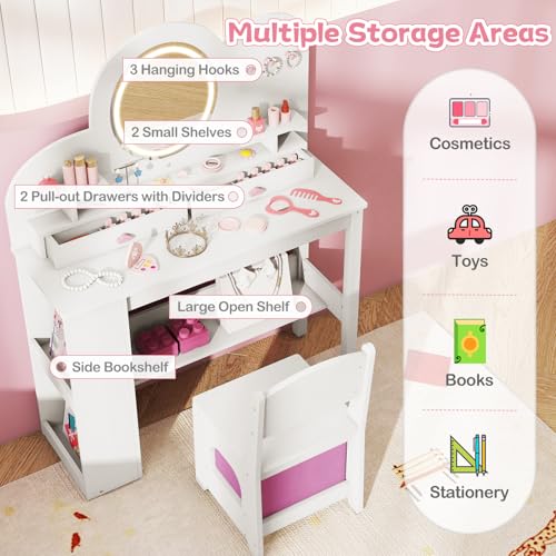 Image of HONEY JOY Kids Vanity with Lights and Open Bookshelf, Cloud Princess Makeup Dressing Desk, Drawers, Wooden Pretend Play Toddler Vanity Table & Chair Set with Lighted Mirror for Little Girls (White)