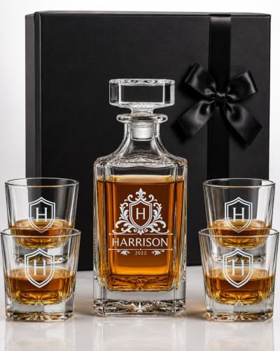 Personalized Whiskey Decanter for Men with Crest Monogram Engravi...