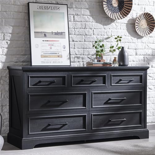 Farmhouse 7 Drawer Dresser 52 Wide Chest of Drawers for Bedroom Modern Dresser TV Stand with Large Metal Handle Wood Drawer Organizer for Living Room Hallway Closet Black