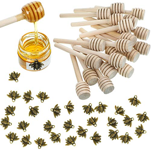 3 Inch Wood Honey Dipper Sticks and Honeybee Charm Pendants Set for Honey Jar Dispense Drizzle Honey DIY Craft Jewelry Making Accessory 74