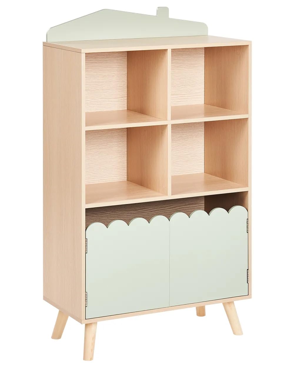 Kinderregal Kinderzimmer, Bücherregal Kinder im Hausdesign mit 4 Fächern und 2 Türen, Spielzeugregal Aufbewahrungsregal aus MDF und Kiefernholz, Kinder Möbel für Bücher Spielzeug und Dekoration