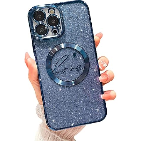MGQILING Compatible with iPhone 14 Pro Max Magnetic Glitter Case-6.7 Inch, Luxury Love Heart Pattern Plating Clear Case, Compatible with MagSafe for Women Girls Shockproof Back Cover-Blue Cover