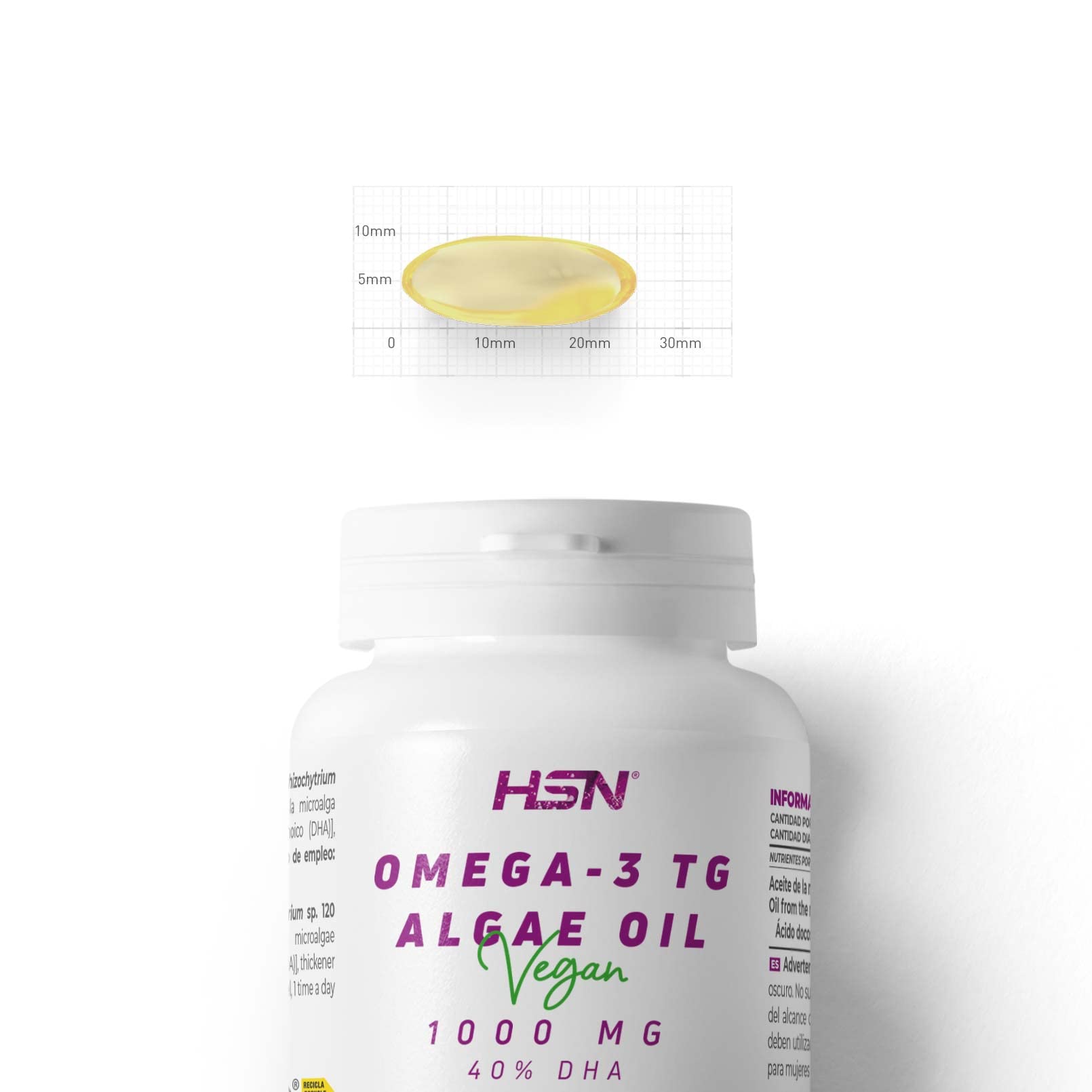 HSN Omega 3 Vegano (400mg DHA) | 120 Perlas Vegetales | 1000mg Aceite de Algas (Schizochytrium sp.) en forma de Triglicéridos Naturales [TG] de Alta Biodisponibilidad | No-GMO, Sin Gluten