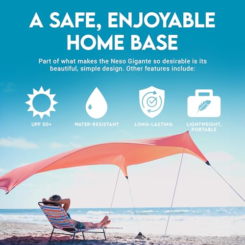 Image of Neso Gigante Portable Beach Tent Sun Shelter - Lightweight Beach Shade Canopy - Easy Setup for Family Outings - Patented Reinforced Corners - UPF 50+ Sun Protection - 8ft Tall, 11 x 11ft - Coral