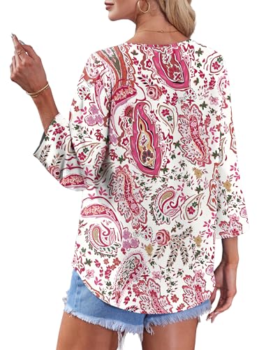 Image of OFEEFAN Button Down Shirts for Women 3 /4 Length Sleeve Tops V Neck Blouses Business Casual Outfits Loose Fit