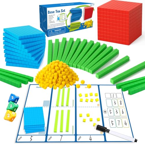 JUGGPENG Plastic Base Ten Blocks with Place Value Chart Math Manipulatives for Kids Math Cubes for Kindergarten 1st-3rd Grade Counting Cubes for Math Learning Tools 137 Pcs
