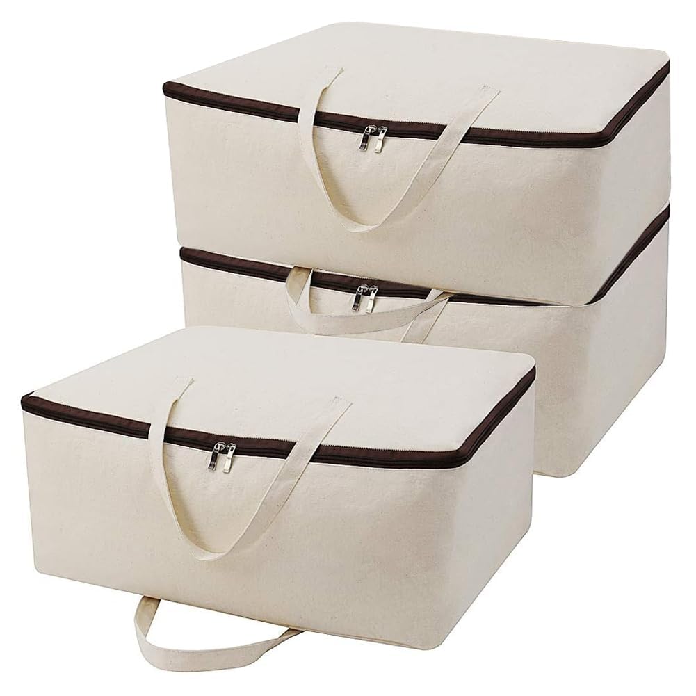 Bolsas de almacenamiento suaves de lona transpirable con asas y cremallera de 3 lados, buenas para ropa de algodón, organizador de ropa de cama, color beige, 3 unidades
