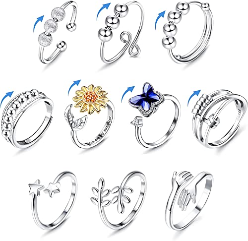 LOLIAS 6/9/10 Pièces Spinner Bague pour Femme Perle Bande Anneaux Réglable Tournesol Abeille CZ Étoile Papillon Spinner Anneau Ensemble Ouvert Réglables Fleur Bague