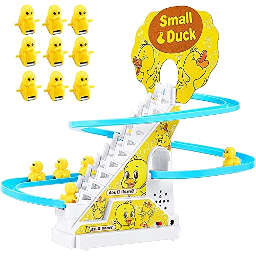 Image of JOYGETIN Small Ducks Climbing Toys,Electric Duck Climbing Stairs Tracks Slide Toy Set,Duck Roller Coaster Toy with Flashing Lights & Music On/Off Button