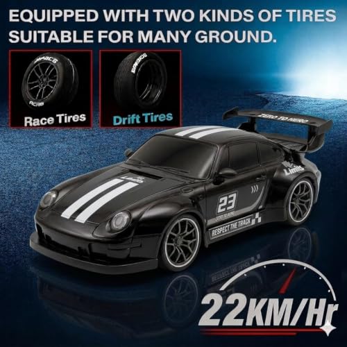 Image of Royal Cellar RC Drift Car 1:24 Scale 4WD | 20KM /H High-Speed Remote Control Car with LED Lights | 2.4GHz Rechargeable Drift Racing Car with Extra Tires & Cones | Gift Boys & Girls (POR)
