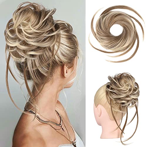 HOOJIH Messy Bun Hair Piece - Super Long Tousled Updo Extensions, Wavy Wrap Ponytail Hairpieces, Scrunchies With Elastic Band HB007 Grace - Light Ash Brown With Blonde Mixed