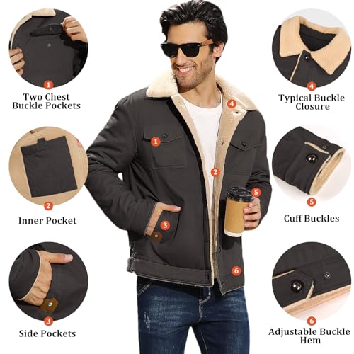 Image of Mens Winter Jacket Thick Thermal Cotton Warm Fleece Lined Sherpa Jacket Trucker Lapel Work Cargo Jackets Coat Outerwear